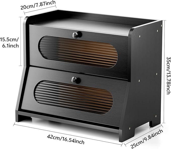 Bread Box,Extra Large 2-Tier Bamboo Bread Box for Kitchen Countertop,Bread Storage Container with Magnetic Acrylic Door for Homemade Bread,Under Cabinet,Pantry Organizer(Black)