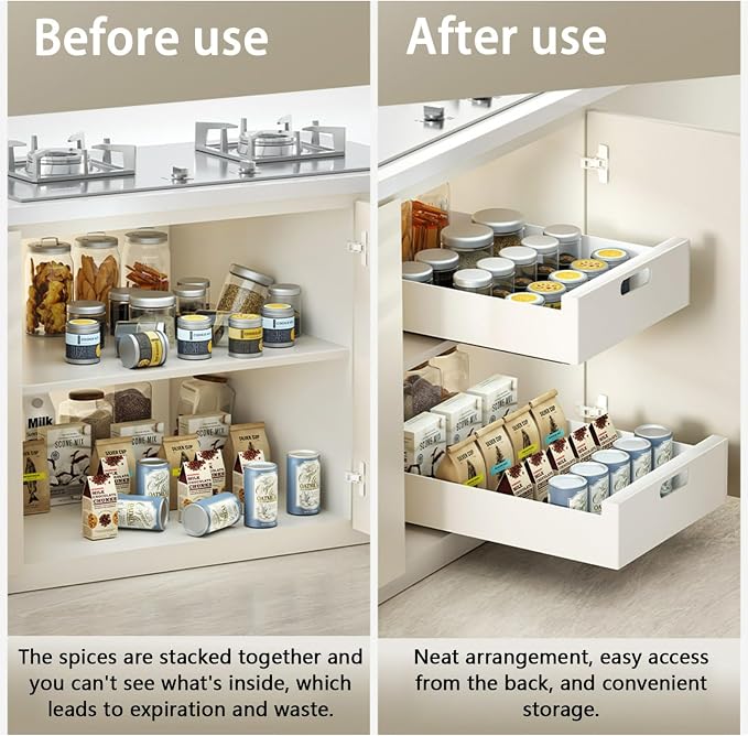 Pull Out Drawers for Cabinets 16.9"Deep, Slide Out Drawers for Kitchen Cabinets Adhesive Pull Out Cabinet Organizer, Cabinet Pull Out Shelves for Kitchen Bathroom and Pantry(White,15.7"W)