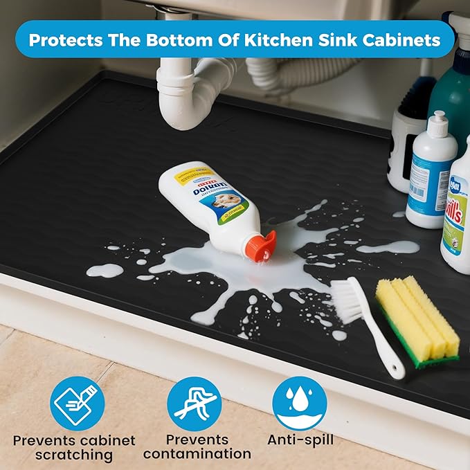 URMONA 25'' x 22'' Waterproof Silicone Under Sink Mat Cabinet and Counter Protector, Shelf Liner for Kitchen and Bathroom, Storage and Organizers, Litter Mat, Pet Cat Puppy Essentials（Black）