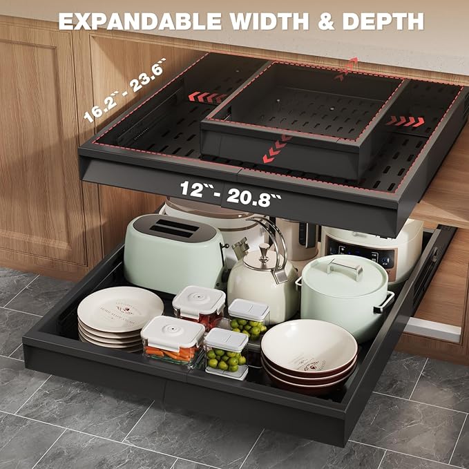 Seinloes 4 Pack Pull Out Cabinet Organizer Expandable Width (12"-20.8") & Depth (16.2"-23.6"), 3 Slide Rails Slide Out Drawers with Handle, Includes Raising Pad for Framed Cabinets, Black