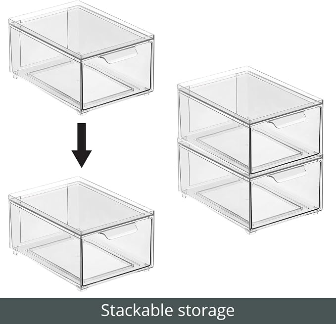 mDesign Stackable Storage Containers Box with Pull-Out Drawer - Stacking Plastic Drawers Bins for Kitchen Pantry and Cupboard, Cabinet, Counter, Island and Tables - Lumiere Collection - 2 Pack - Clear