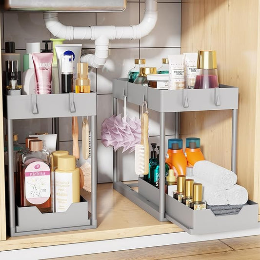 Simple Trending Under Sink Organizer 2 Pack, Sink Pull-Out Sliding Storage Cabinet, 2-Tier Under Shelf Organizer for Kitchen Bathroom, Grey