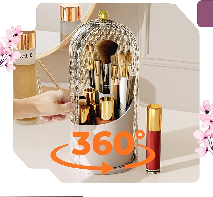 LEFEEL Lumière Mini 360 Rotating Makeup Organizer with Lid, Diamond Cut Cosmetic Organizer - Dustproof Vanity Organizer for Makeup Brushes, Toothbrush & Bathroom Countertop （White