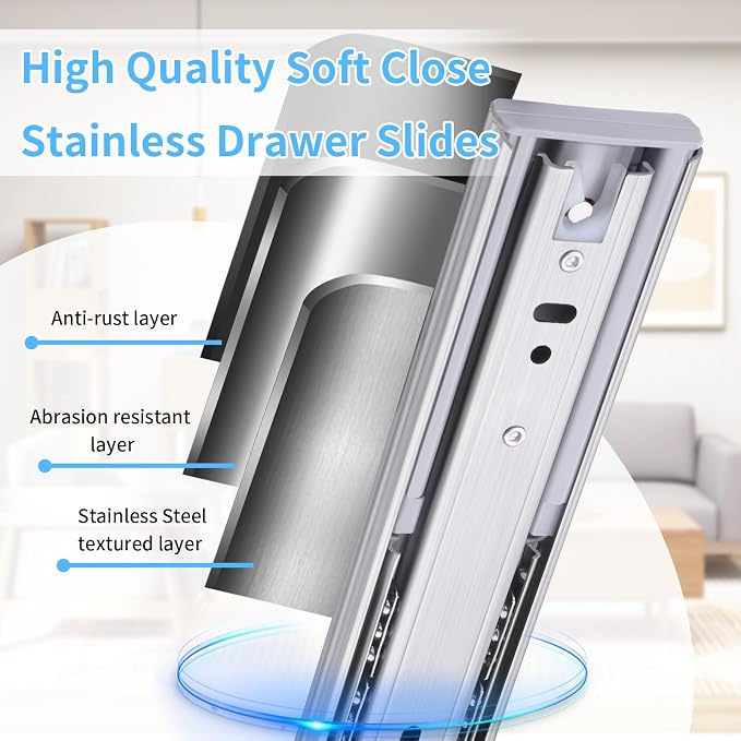 Soft Close Stainless Steel Drawer Slides 1 Pair Full Extension 10 12 14 16 18 20 22 24 inch Side Mount Dresser Cabinet Replacement Ball Bearing Rails Runner 100LB