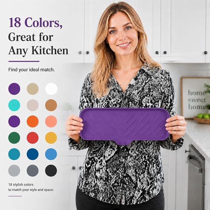 MicoYang Silicone Soap Dish with Drain Spout — Self-Draining Double Sink Organizer Tray for Kitchen & Bathroom, Dispensers, Sponges & Soap Holder, Non-Slip & Dishwasher Safe, Purple (Large, 12"×4")