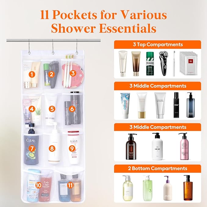 Lifewit Mesh Shower Caddy, 11 Pockets Hanging Shower Organizer with Quick Drying Mesh, Portable Space Saving Bathroom Organizer to Hold Soap, Shampoo and Cruise Ship Essentials, White, 2 Pack