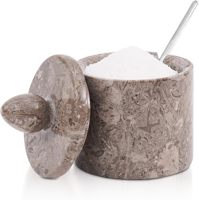 Marble Salt Cellar with Lid – Oceanic 4 Inch Table Salt Container, Salt Jar, Salt Dish, Salt Holder, Spice Jar, Sugar Bowl, Seasoning Container, Salt Dispenser for Kitchen Countertop