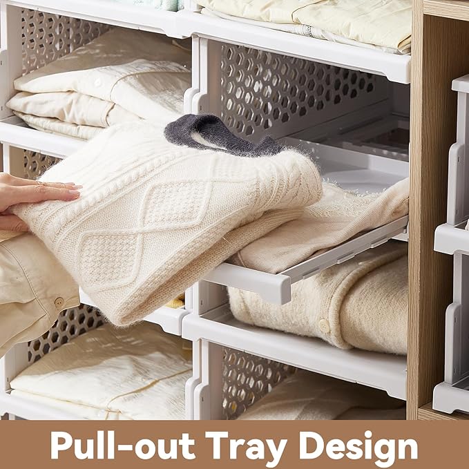 Pull-out Plastic Storage Basket with a Lid,Stackable Closet Organizers Drawer Anti-Tipping,Stable Shelf Container for Bathroom Laundry Room Storage, Space-Saving Clothes Storage ,White Gray,2 pack