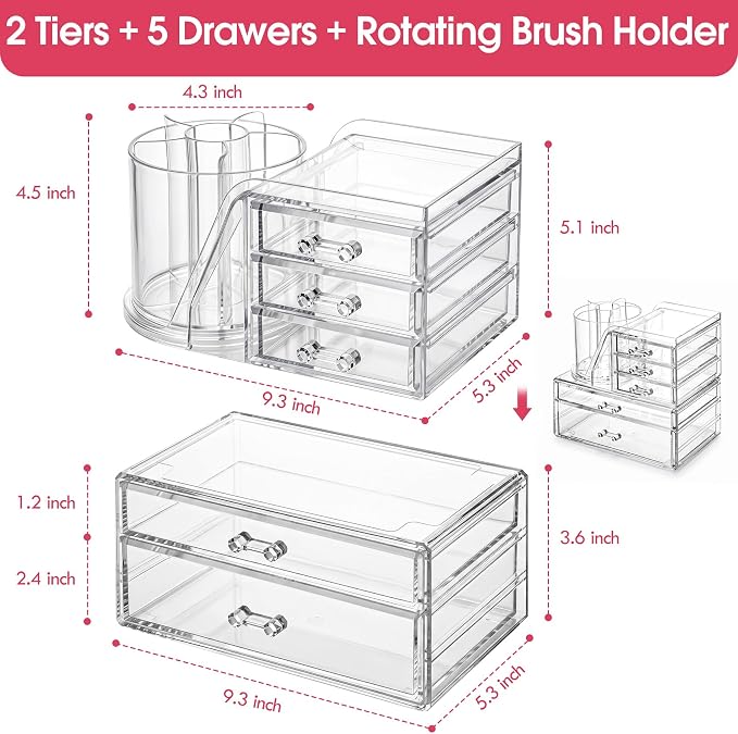 ShineMe Acrylic Makeup Organizers, 2 Tier Stackable Cosmetic Organizer for Vanity with 360° Rotating Makeup Brush Holder & 5 Drawers, Clear Hair Accessory Organizer Countertop for Dresser, Bathroom