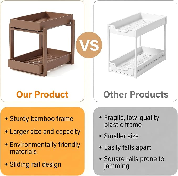 Bamboo Under Sink Storage 2 Tier Pull Out Cabinet Organizer Slide Out Under Sink Storage Shelf Undersink Organizers Shelves for Kitchen Bathroom Organization (Brown, 2 Pack)