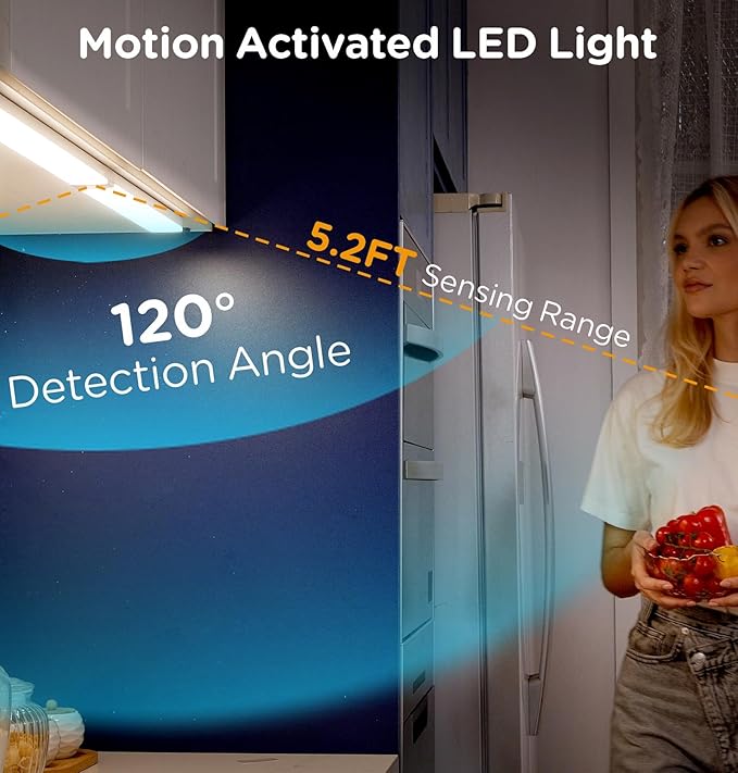 Under Cabinet Lighting Plug in 12in AC120V with Motion Sensor 3000K/4000K/5000K, Super Bright, Linkable Under Counter Light for Kitchen, Shelf, Sink, Closet, Aluminum White 2Pack