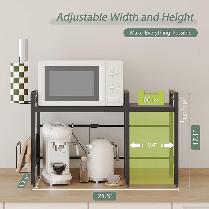 NETEL Expandable Microwave Stand,2 Tier Metal Kitchen Countertop Organizer Shelves with Paper Towel and Chopping Board Holder,Bakers Rack,Microwave Shelf,Microwave Oven Rack,55lbs Weight Capacity