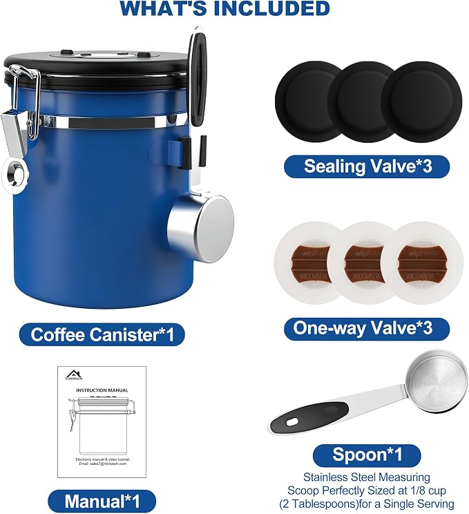 ShanSon Coffee Canister Airtight, Stainless Steel Bean Storage Container with Date Tracker & Scoop, Grounds Sugar Flour Tea Cereal Fits Kitchen Pantry, Ideal Gift for Coffee Lovers,12oz,Blue