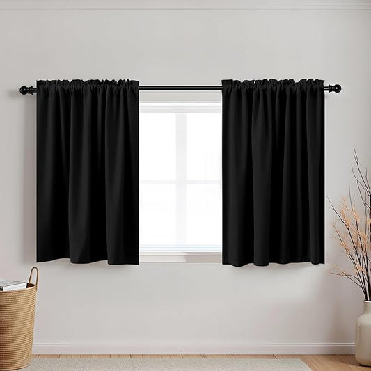 KOUFALL Cabinet Curtains 30 Inch Length,Blackout Cafe Curtains for Small Window Under Kitchen Sink Black