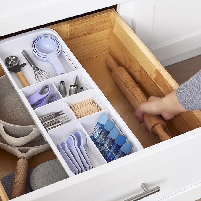 YouCopia DrawerFit Sliding Drawer Tray with Adjustable Dividers, Expandable Kitchen Storage Organizer, Speckled White