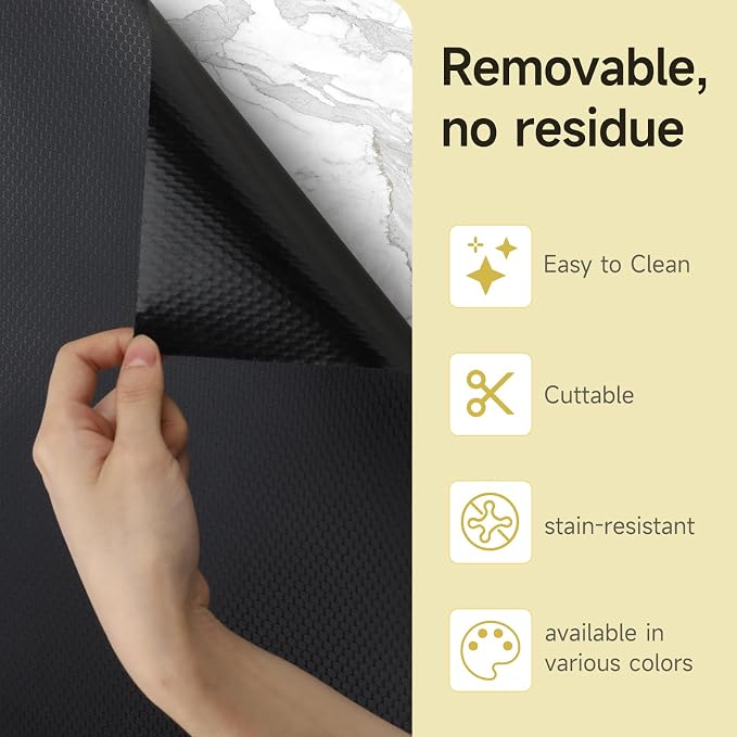 WochiTV Adhesive Shelf Liner 17.5 X 120 Inches Peel and Stick Kitchen Liner for Cabinets, Drawers Removable Protector Mat Waterproof Contact Covering for Dresser Pantry Countertops Shelves, Black