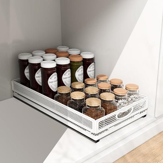 Pull out Cabinet Rack Organizers, No-Drill Slide Organizer Under Sink Organizer, Strong & Sturdy Expandable Cabinet Drawers, For Kitchen, Bathroom, Pantry(J,21.7*13.8*3.3inch/55*35*8.5cm)