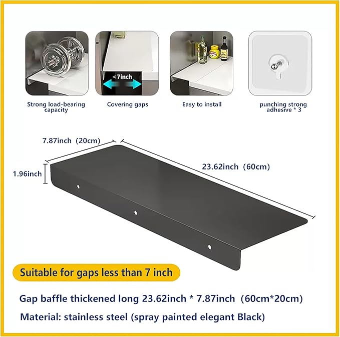 Metal Kitchen Refrigerator Gap Partition Side Panel For Crack Behind Refrigerator Kitchen Partition Panel No Drill Countertop Gap Extension Board(Black,23.62 * 7.87inch)