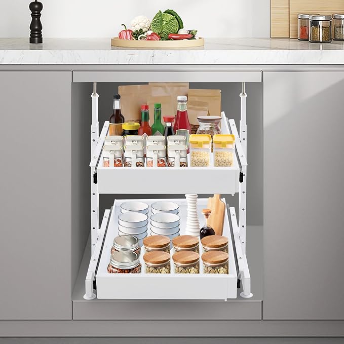 Cabinet Drawers Slide Out, 2 Tiers Expandable Pull out Cabinet Organizer No-Drilling, Slide out Drawers for Kitchen Cabinets Bathrooms, Laundry Rooms, Garages (White)