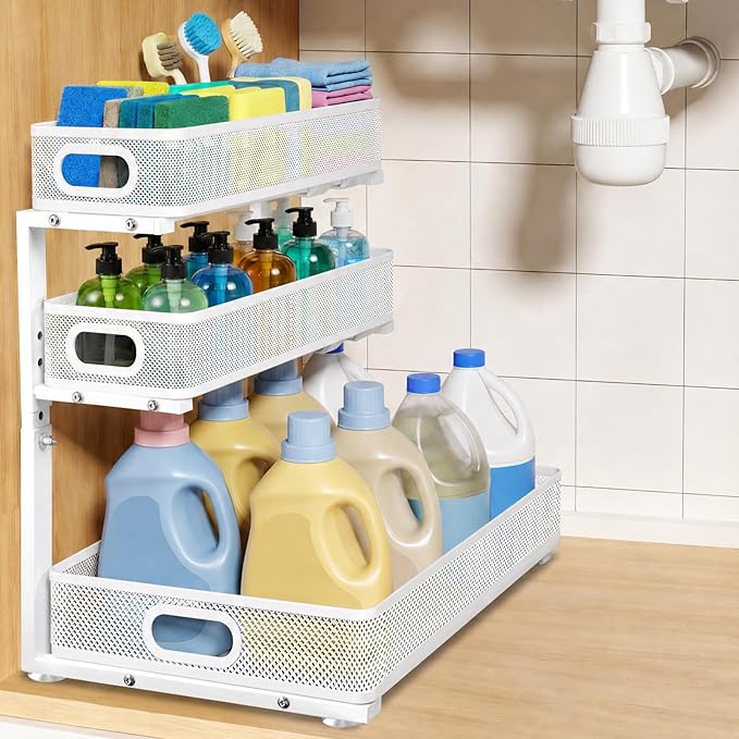 Under Sink Organizer for Bathroom, 3 Tier Adjustable Height Under Sink Storage, Sliding Pull Out Cabinet Organizer Shelf, Metal Multi-Purpose Cabinet Organizer for Kitchen (1 Pack, White)