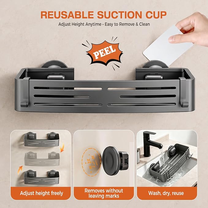 Lekesky Suction Cup Shower Caddy, No Drill Shower Shelf, Aluminum Rust Proof Bathroom Shower Organizer with 12 Hooks (2-Pack, Gunmetal Gray