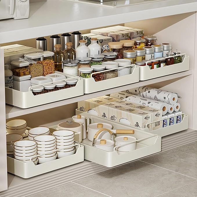 25cm Wide Heavy Duty Pull-Out Cabinet Organizer – Soft-Close Slide-Out Drawer, No-Drill Ultra Adhesive, Steel Storage Shelf for Kitchen, Pantry or Bathroom, Noiseless Sliding
