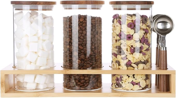 KKC Airtight Coffee Canister and Sugar Container Set with 3 Wooden Handle 1 TBSP Spoons - 3 Pack 39 oz Large Glass Storage Jars with Bamboo Stand, Countertop Coffee Station Organizer Bar Accessories