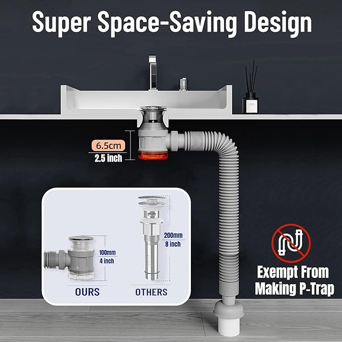 Bathroom Sink Drain Kit with Flexible Expandable Pipe: Odor-Free & Backflow-Preventing, Space-Saving Design without a P-trap, For 1-1/4'' & 1-1/2'' Drain Hole (Black, With Overflow)