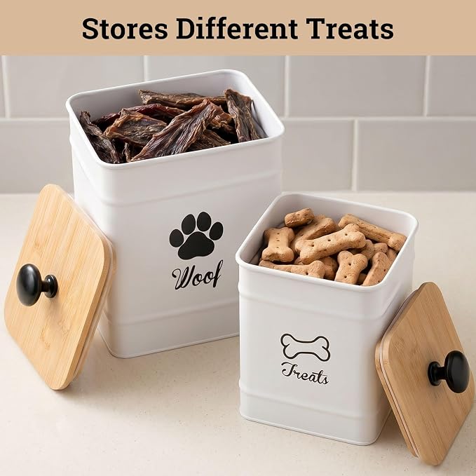 Dog Treat Container Airtight Set of 2 - 8x6 & 7x5 inch Iron Dog Treat Jars for Kitchen Counter with Airtight Bamboo Lids - 20 Cup Capacity Pet Treat Container Set - Doggie Cookie Jar - Treats Canister