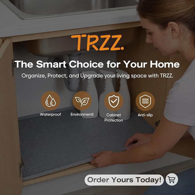 TRZZ Silicone Waterproof Under Sink Mat 31" x 22", Drip Tray and Cabinet Liner for Kitchen and Bathroom, Prevents Water Damage and Organizes Cabinets (Brown)
