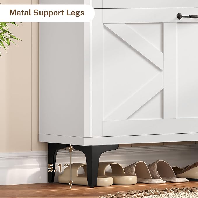 TEENFON Shoe Cabinet with 2 Flip Drawers & Top Drawer, Farmhouse Narrow Shoe Storage Cabinet with Adjustable Shelves & Hooks, Freestanding Hidden Slim Shoe Rack Cabinet for Entryway, Hallway, White
