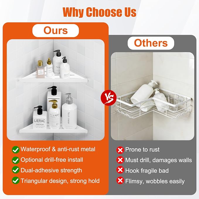Fikoksol Shower Caddy, 2 Pack Bathroom Corner Shelf, Triangle Shelf Storage for Bathroom Shower, White Metal Shower Shelf & Rustproof Wall Mounted Adhesive Glue Organizer Accessories and Essentials