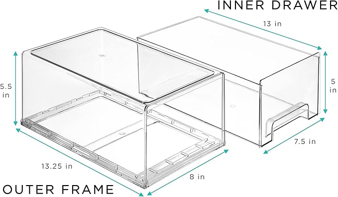 Sorbus Large Clear Storage Drawers (2 Pack) – Stackable Pull-Out Storage Bins with Handles, Slide Out Organizer Drawers for Pantry, Fridge, Kitchen – Stackable Acrylic Storage Bins