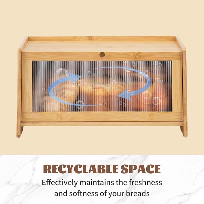 Bamboo Breadbox for Kitchen Countertop, Farmhouse Large Capacity Bread Container Storage Bin with Striped Window Door Panel, Vintage Bread Holder for Bagels, Muffins, Cupcakes & Cookies (Natural)