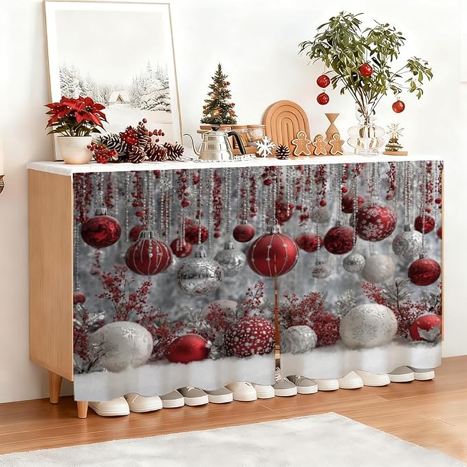 Self Adhesive Red & Silver Bauble Cabinet Curtain for Mother's Day, 39x28 Inch Sparkling Ornaments Under Sink Skirt No Drill, Spring Cleaning Kitchen Decor, Hook and Loop Valance