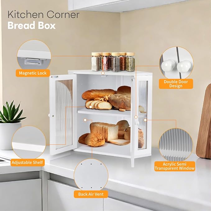 Corner Bread Box for Kitchen Countertop, Double Layer Bamboo Bread Storage Container for Homemade Bread, Large Capacity Bread Holder with 3 Adjustable Height for Counter, White