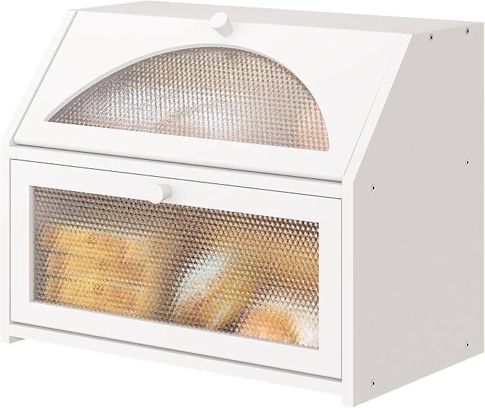 Bread Box, Bamboo Wood Bread Box for Kitchen Counter, Double-layer Bread Storage Bin, Acrylic glass with Diamond Patterns (White, Large)