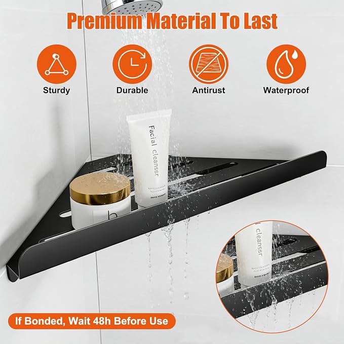 Fikoksol Shower Caddy, 2 Pack Bathroom Corner Shelf, Triangle Shelf Storage for Bathroom Shower, Black Metal Shower Shelf & Rustproof Wall Mounted Adhesive Glue Organizer Accessories and Essentials