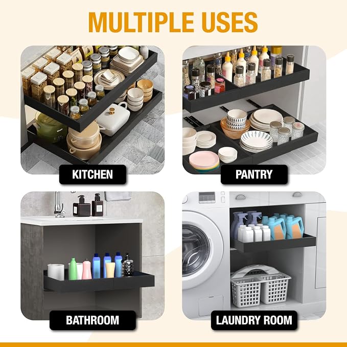 Expandable Pull Out Drawers for Cabinets(White) : Kitchen and Pantry Organizer, Sliding Cabinet Organizer with Adhesive, Under Sink and Pots Storage, Depth 16.5". expandable pull out cabinet organizer