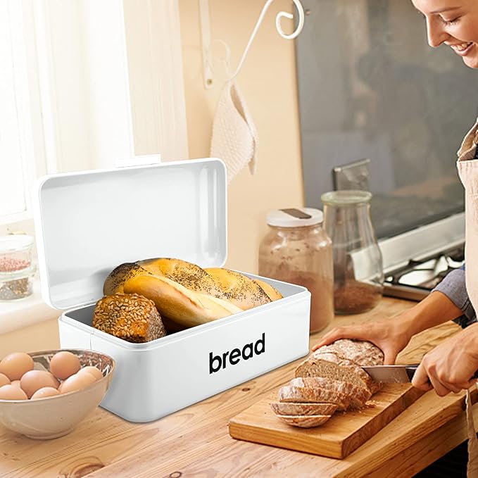 E-far Vintage Bread Box for Kitchen Countertop, White Metal Bread Storage Container Retro Bread Bin for Pastries/Loaves/Dry Food, Large Capacity & Modern Design (16.7” x 9” x 6.4”)