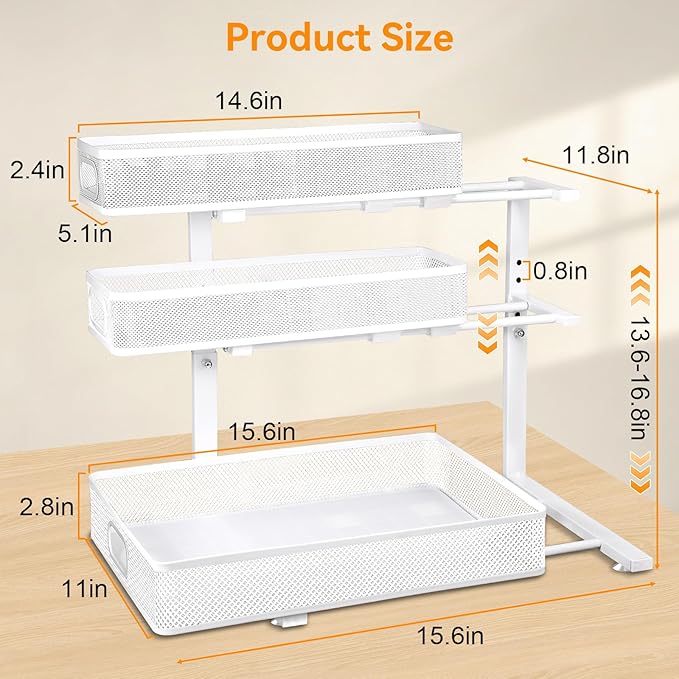 Under Sink Organizer for Bathroom, 3 Tier Adjustable Height Under Sink Storage, Sliding Pull Out Cabinet Organizer Shelf, Metal Multi-Purpose Cabinet Organizer for Kitchen (1 Pack, White)