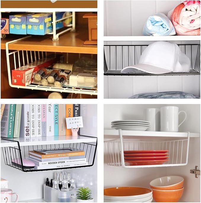 Go Hooked 12 Inch Undershelf Storage Basket Pack of 1 | Multipurpose Under Shelf Organizer | Hanging Wire Basket for Cabinet, Shelf, Pantry, Cupboard, Closet, Desk, and Bathroom (White)