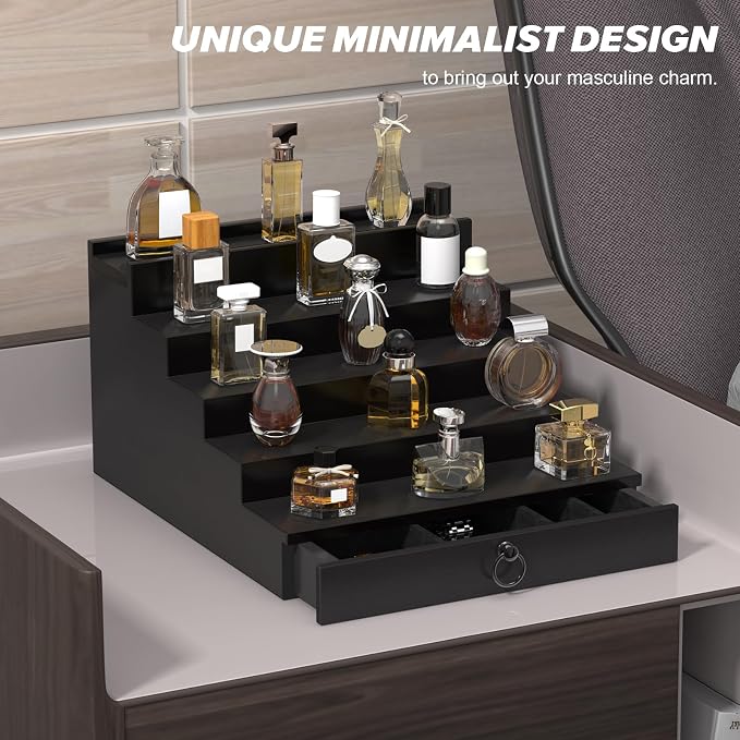 Cologne Organizer for Men, 5 Tier Black Wood Perfume Organizer with Felt Lining Drawer and Hidden Compartment, Perfume Display Holder, A Gift for Men