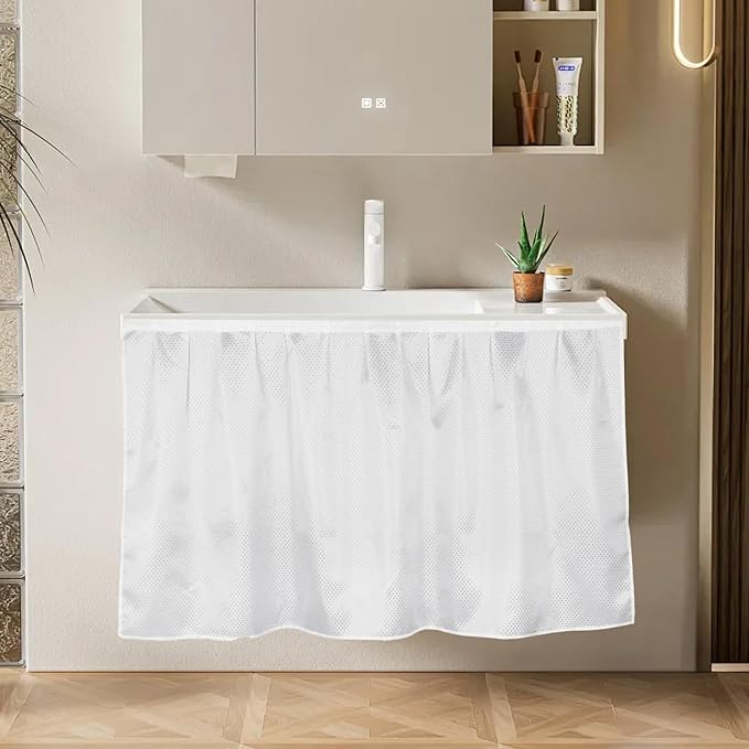 Fabric Sink Skirt Waterproof Self-Adhesive Bathroom Sink Skirt Diamond Stitch Design, 55 x 32 Inches, Adds Under Sink Storage (Silver Gray)
