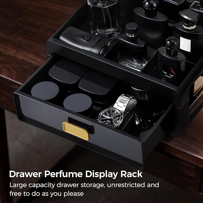 EHORIA Cologne Organizer for Men,Bathroom Organizers,Cologne Organizer,Dresser Organizers,Bathroom Sink Organizer,Counter Storage,Cologne Stand,Drawer Perfume Display Holder,Gifts for Mens(BLACK)