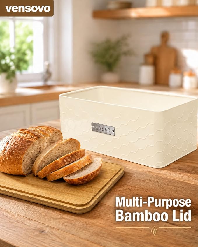 vensovo Bread Box for Countertop – Large Cream White Metal Bread Bin with Bamboo Cutting Board Lid, Farmhouse Bread Storage Container for Homemade Bread, Baked Goods & Kitchen Counter Organization