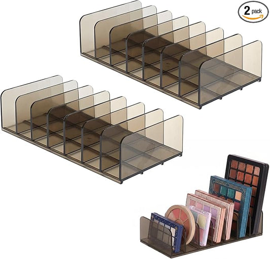 2 Pack Acrylic Makeup Palette Organizer, 7-Section Eyeshadow Palette Organizer Holder, Small Smoky Clear Cosmetic Display Storage for Drawer Vanity Countertop
