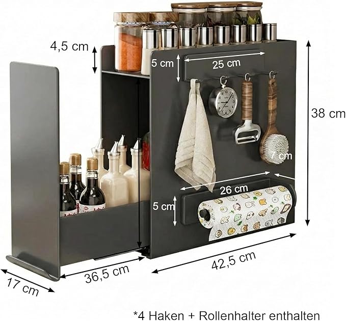 2 Tier No Assembly Pull Out Spice Rack Countertop, Sliding Drawer for Tall Bottles, with Magnetic Panels with Paper Towel Holder and 4 Hooks (Dark Grey, 2-Tier Dark Grey with Accessories)