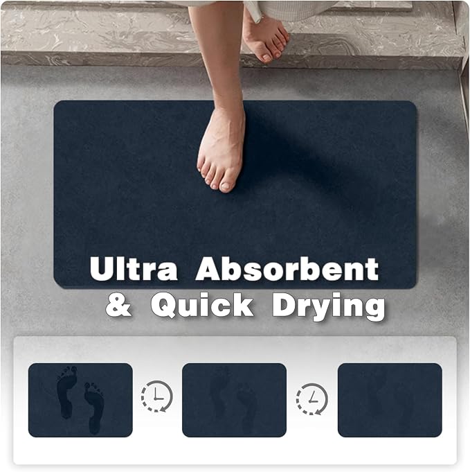 TYUU Bathroom Mat Quick Dry, Bathroom Rugs Non Slip Washable Thin Absorbent Bath Mat Fits Under Door Bathroom Floor Mat Perfect for Bath, Shower, or Sink 24"x36" Navy Blue