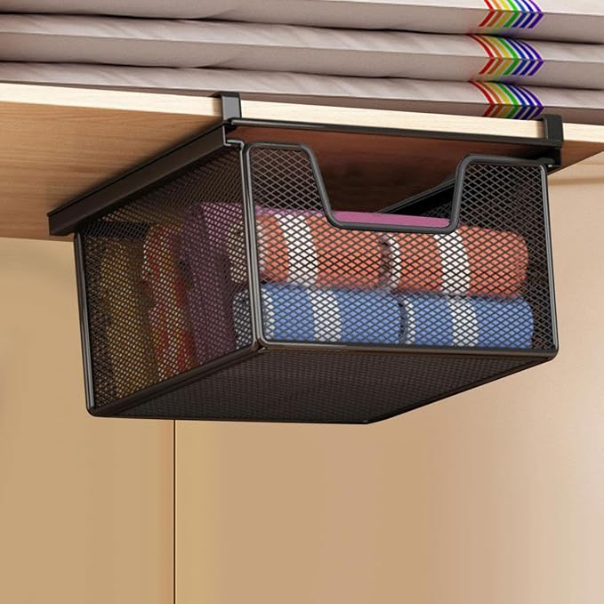 under Shelf Basket Organizer Practical Versatile Black Hanging Holder Storage for Office Cupboard under Desk Wardrobe Counter, Length 46 cm